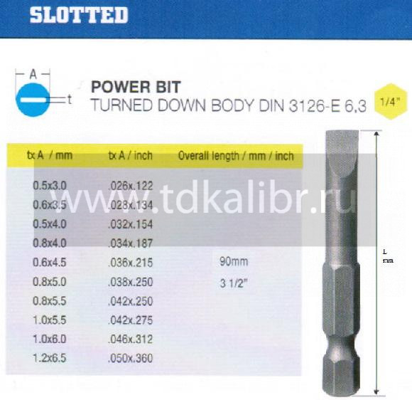 Биты шлицевые SL 6,5х1,2х 90мм CrV DIN3126 хвостовик Е1/4 "CNIC" в упаковке 10 шт.